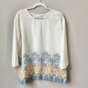 Pure Jill Gauze Cotton Tunic Women's Medium Cream Blue Batik Boho Beachy Coastal